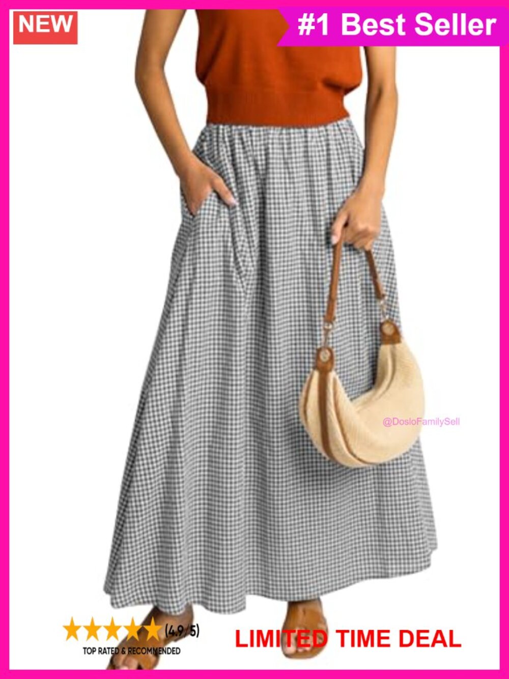 Plaid Maxi Skirt Elastic High Waist A-Line Pleated Gingham with Pockets